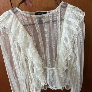 🤍 Forever 21 Sheer Lace Ruffle Blouse – Romantic Boho Top Size M